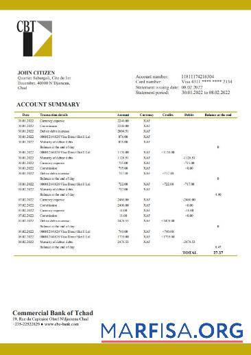 Printable Chad Commercial Bank of Tchad bank statement real example